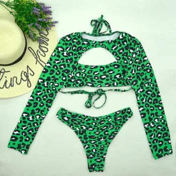 Ar garām Piedurknēm Zaļš Peldkostīms, Leoparda Polsterēta Divas Gabals Peldkostīmi Peldētāju 2020. Gada Vasaras Peldēšanas Tērps Sieviešu Sporta Beachwear