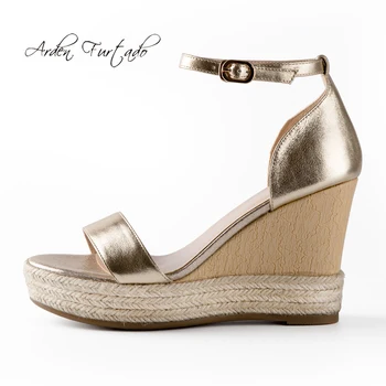 Arden Furtado vasaras ķīļi augstiem papēžiem 10cm potītes siksniņu, īstas ādas platformas zelta sandales sieviešu kurpes modes dāmas kurpes