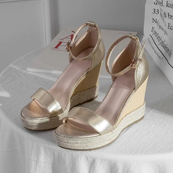 Arden Furtado vasaras ķīļi augstiem papēžiem 10cm potītes siksniņu, īstas ādas platformas zelta sandales sieviešu kurpes modes dāmas kurpes