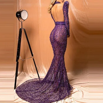 Arābu Violeta Luksusa Vizuļi Balles Kleitas, Sirēna Ar Garām Piedurknēm Sexy Milzīgais Āfrikas Oficiāla Vakara Tērpi Gājienā Kleitas