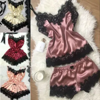 ASV Sieviešu Sexy-Lingerie Sleepwear Satīna Zīda Babydoll Mežģīnes Naktsveļu Pidžamas Komplekts