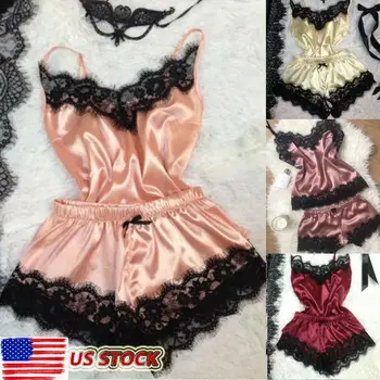 ASV Sieviešu Sexy-Lingerie Sleepwear Satīna Zīda Babydoll Mežģīnes Naktsveļu Pidžamas Komplekts