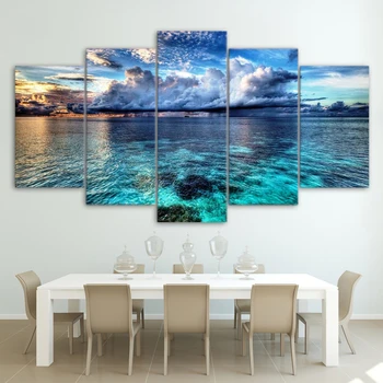 Audekls HD Mūsdienīga Sienas Māksla, Mājas Apdare, Dzīvojamā Istaba 5 Panelis Jūras Viļņu Ainavu Drukāt Krāsošana Moduļu Bildes Plakātu Rāmis