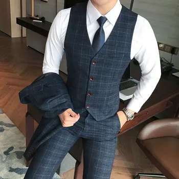Augstas Kvalitātes Vīriešu Pleds Uzvalks Divdaļīga Rudenī Jauno Mens 3-Gabals Tumši Zila Žakete