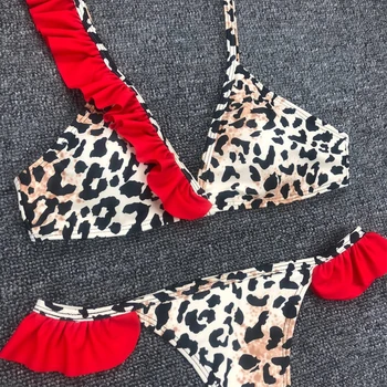 Augstas Starām. Peldvietu Uzvalki, Sarkanās Savirmot Leopard Sexy Thong Brazīlijas Bikini Push Up Peldkostīmi Sieviešu Peldkostīms Bikini, Monokini 2019