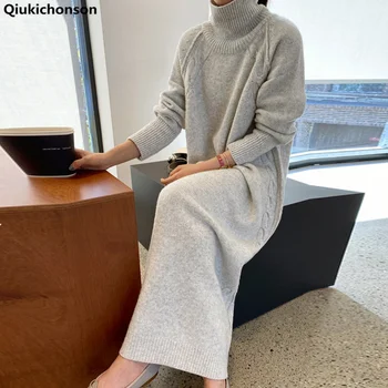 Augstu uzrullētu apkakli Rudens Ziemas Džemperis Kleita Sievietēm 2020. gadam korejas Modes Gadījuma garām Piedurknēm Plus Lieluma Bieza, Gara Kleita drēbes, longue