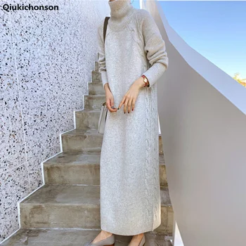 Augstu uzrullētu apkakli Rudens Ziemas Džemperis Kleita Sievietēm 2020. gadam korejas Modes Gadījuma garām Piedurknēm Plus Lieluma Bieza, Gara Kleita drēbes, longue