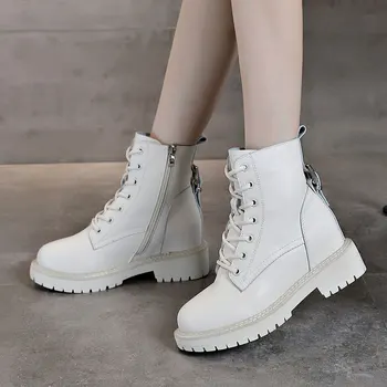 Augstums palielināt sieviešu zābaki melnā, baltā platformu boot īstas ādas apavi botas zapatos mujer de dāmas botines chaussures