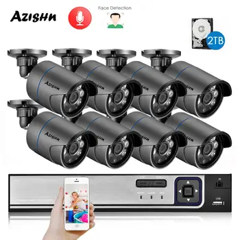 AZISHN H. 265+ 8CH 5MP POE Drošības Sistēmas VRR Komplekts Audio IP Kameras IS Āra IP66 Sejas Noteikšanas CCTV Video Novērošanas VRR Komplekts