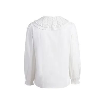 Balto ziedu mežģīnes peter pan apkakli krekls ar garām piedurknēm sievietēm 