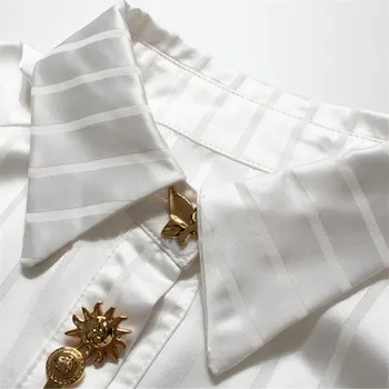 Balts svītrains krekls sieviešu zelta pogu zaudēt garas piedurknes atloks, blūze 