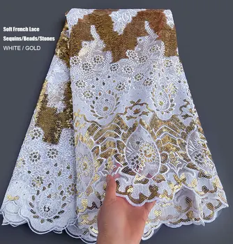 Balts Zelts 5 metri no ļoti Mīksta Spīdīga Āfrikas franču Mežģīnes Korejas Auduma augstākās Klases Nigērijas Dubajas Gadījuma Šūšana Apģērbu Kleita