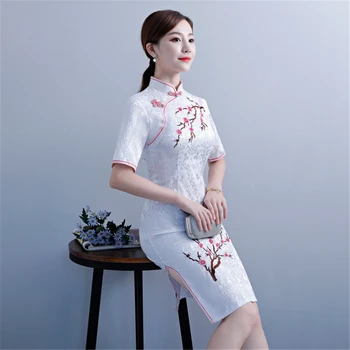 Baltās Ķīniešu Tradicionālā Sieviešu Izšuvumi Qipao Vintage Cheongsam Jaunums Ķīnas Formālu Kleita Plus Izmērs S M L XL XXL 3XL