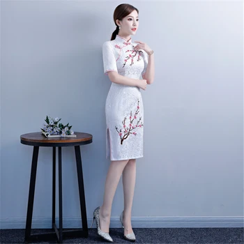 Baltās Ķīniešu Tradicionālā Sieviešu Izšuvumi Qipao Vintage Cheongsam Jaunums Ķīnas Formālu Kleita Plus Izmērs S M L XL XXL 3XL