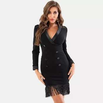 Bezmaksas Piegāde Rudens Sexy garām Piedurknēm V-veida kakla Pušķis Sequin Mini Black Dress 