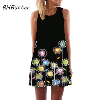 BHflutter Melna Šifona Kleita Sievietēm 2019 Jaunu Modes Ziedu Drukāt Ikdienas Vasaras Kleita Mini Elegants Puse Kleitas drēbes femme