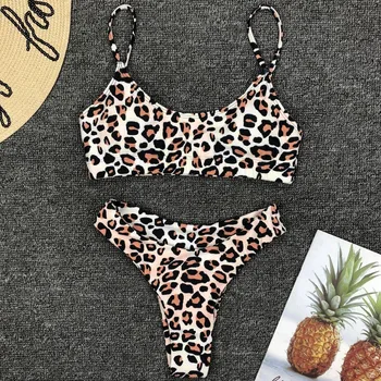 Bikini 2019 Sieviešu Push Up Bikini, Leoparda Kopumu Krūšturis Polsterēts Strapless Peldkostīmi Pārsējs Dāma Peldkostīmu Peldkostīms