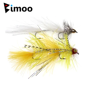 Bimoo 2GAB/Lodziņā #4 Dvīņu Āķis Yellow & White Marabou Streamer Lidot Zvejas Ēsmas Vizuļi Zvejas Mušas