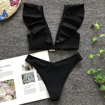 Black Lotus leaf V Kakla Sieviešu Peldkostīms ar Augstu Vidukļa Bikini 2020. Gadam Sieviešu Peldkostīmi Divus gabalus, Bikini komplekts Bather peldkostīms