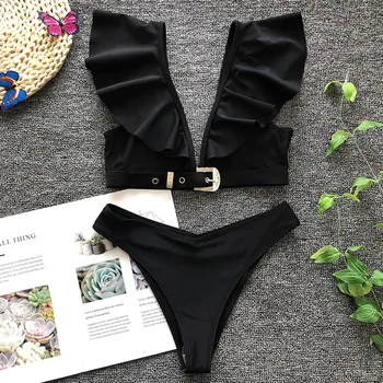 Black Lotus leaf V Kakla Sieviešu Peldkostīms ar Augstu Vidukļa Bikini 2020. Gadam Sieviešu Peldkostīmi Divus gabalus, Bikini komplekts Bather peldkostīms