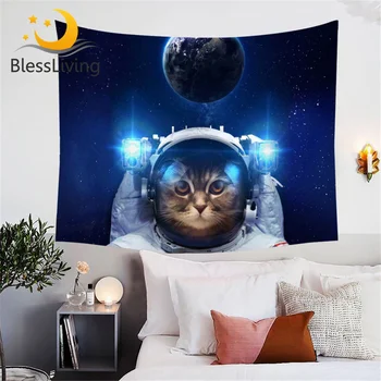 BlessLiving Smieklīgi Telpu Kaķis Gobelēns Astronauts Pet Gobelēni Zilā Galaxy Dekoratīvās Sienas Karājas uz Bērnu Istabas Visuma Loksnes