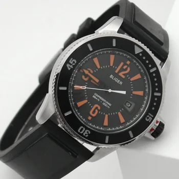 Bliger 43mm Black Dial Automātiskā Mens Watch Luksusa Zīmolu Gaismas Ūdensizturīgs Gumijas Siksnas Kalendāra Mehāniskās rokas pulksteņi Vīriešu