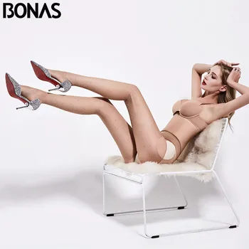BONAS 2019 Hot Sexy Atvērt Kājstarpes Fishnet Zeķbikses, Sieviešu Sajūsmu Rombveida, Zeķes, Dāmu Spīdīgu Rhinestone Nylons Zeķbikses
