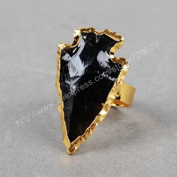 BOROSA Zelta Krāsā Arrowhead Aptuvenu Black Obsidian Arrowhead Gredzenu g0699