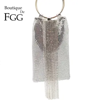 Boutique De FGG Žilbinošs Silver Crystal Pušķis Sievietēm Alumīnija Vakarā Maku Kokteilis Puse Wristlets Sajūgs Somas