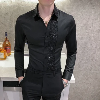 Britu Stila Sexy Mežģīņu Krekls Vīriešu Modes 2021 Rudens Ziemas garām Piedurknēm Krekli Vīriešu Slim Fit Nakts Klubu Kleitu, Uzvalku 4XL-M