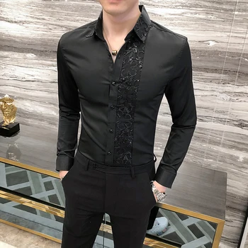 Britu Stila Sexy Mežģīņu Krekls Vīriešu Modes 2021 Rudens Ziemas garām Piedurknēm Krekli Vīriešu Slim Fit Nakts Klubu Kleitu, Uzvalku 4XL-M
