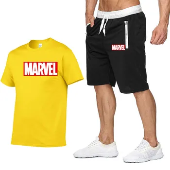 Brīnums vīriešu gadījuma modes sporta uzvalkā ar īsām piedurknēm T-krekls 2 gabals, kas ar muskuļu vingrojumu fitnesa spēcīgs un skaists vīriešu T-krekls