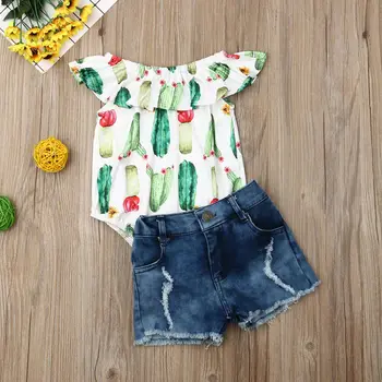 Bērnu Ikdienas Apģērbu Komplekts Kokvilnas 2gab Baby Toddler Meitenes Bērniem Džinsa Īss Elsas + Kaktuss Romper Drēbes Tērpiem 80-110 Izmēra