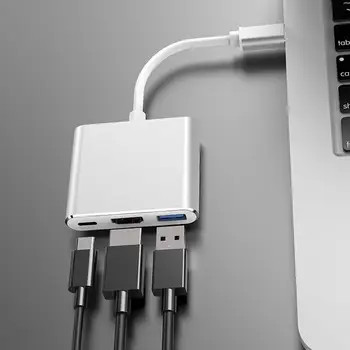 C tipa HDMI 4k 1080p 3in1 Pārveidotāja Adapteris USB C HDMI/USB 3.0/Type-C Alumīnija Macbook Pro datorā adapteri