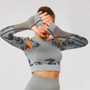 Camo krekls kultūraugu top sievietes acs pacthwork krekls sievietēm jogas tops ar garām piedurknēm treniņa sporta krekls topi, sieviešu sexy krekli
