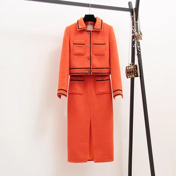 CBAFU dizainers skrejceļa divas gabals, kas rudens ziemas apelsīnu sequined īsās vilnas mētelis vilnas sadalīt ilgi svārki tvīda uzvalku jaka M235