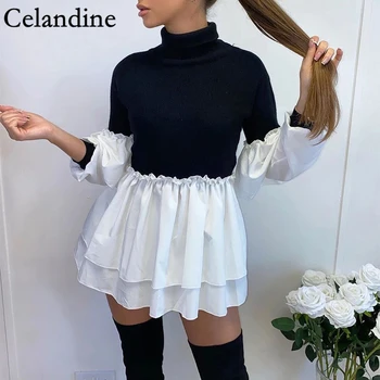 Celandine Rudens Ziemas Black Augstu Uzrullētu Apkakli Ilgi Puff Sleeve Mini Kleita Sieviešu Līnija, Kas Izkaisītas Ruffles Gadījuma Kleitas Dāmas 2020