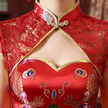 Cheongsam phoenix red mūsdienu cheongsam kāzu kleita ķīniešu, tradicionālā ķīniešu kāzu kleitu mūsdienu mežģīnes eleganti