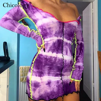 Chicology tie krāsošanas neona svītru pie pleca mini kleita ar garām piedurknēm sexy club streetwear sieviešu 2020. gada vasaras drēbes bodycon tērpiem