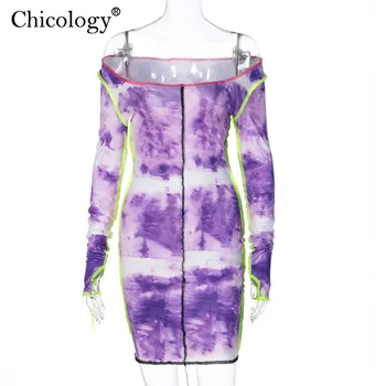 Chicology tie krāsošanas neona svītru pie pleca mini kleita ar garām piedurknēm sexy club streetwear sieviešu 2020. gada vasaras drēbes bodycon tērpiem