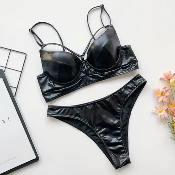 CHRONSTYLE PU Ādas Sexy Bikini Komplekts Sievietēm Beachwear Ir 2021. Punk Peldkostīmi Vasaras peldkostīms Push Up Polsterēta Peldbikses, Peldkostīmu