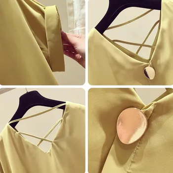 Cietā V-veida kakla Šifona Blūze Blusas Mujer De Moda Ir 2021. Vasaras korejas Īsām Piedurknēm Birojs Dāmu Apģērbu Blusa 9306 50
