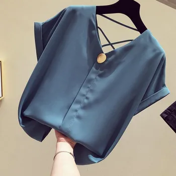 Cietā V-veida kakla Šifona Blūze Blusas Mujer De Moda Ir 2021. Vasaras korejas Īsām Piedurknēm Birojs Dāmu Apģērbu Blusa 9306 50