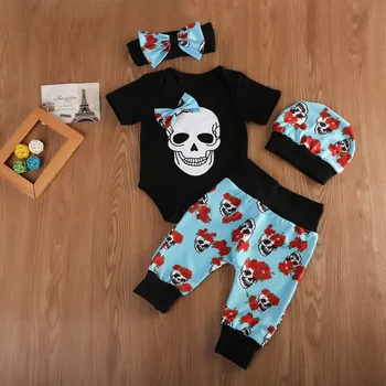 Citgeett 4gab Jaundzimušā bērna Halloween Puiku Drēbes Jumpsuit Galvaskausa Bodysuit + Garās Bikses Apģērbs, Galvassega Komplekts 0-24M