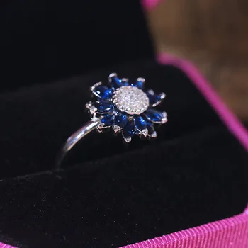 Classic Blue Daisy Ziedu Gredzens Sieviešu Bijoux Kāzu Joslās Bruģēt CZ Kristāla Saderināšanās 925 Anillos Sudraba Gredzens Indijas Rotaslietas