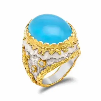 Classic Gold plated Lielu Opāls Gredzeni Sievietēm, Vīriešiem Vintage divu Krāsu Zilais Ovāls akmens Gredzenos Puse Rotaslietas Bohēmas
