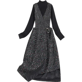 Conjuntos Mujer De Kritums Apģērbu Sievietēm Tvīda Tvertne Kleita+ augstu uzrullētu apkakli Džemperis 2 Gabals Tērpi Sievietēm Bikses un Tops