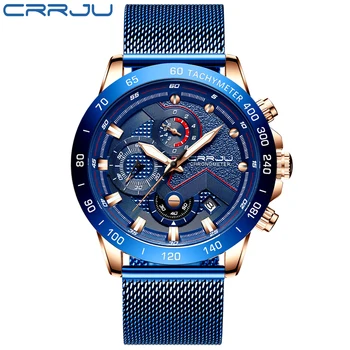 CRRJU Modes Mens Luksusa Pulksteņi rokas Pulkstenis Kvarca Pulkstenis Skatīties Blue Vīriešu Ūdensnecaurlaidīgs Sporta Chronograph Relogio Masculino