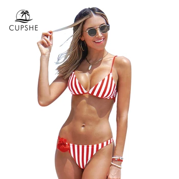CUPSHE Sarkano un Balto Svītru Trīsstūris Bikini Komplekti Sexy Ziedu Polsterēta Peldkostīmu Divi Gabali Peldkostīmi Sievietēm Ir 2021. Beach peldkostīms