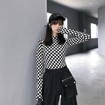 Deeptown Režģu Sieviete Tshirts Rudens Modes Sexy Topi, Sieviešu 2020. Gadam Korejiešu Stilā, Druka T Kreklu Kpop Streetwear Slim Garām Piedurknēm